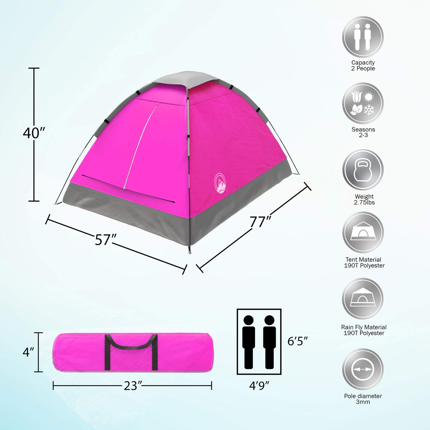 2 Person Dome Tent - Rain Fly & Carry Bag - Easy Set Up-Great for Camping, Backpacking, Hiking & Outdoor Music Festivals by Wakeman Outdoors (Pink)