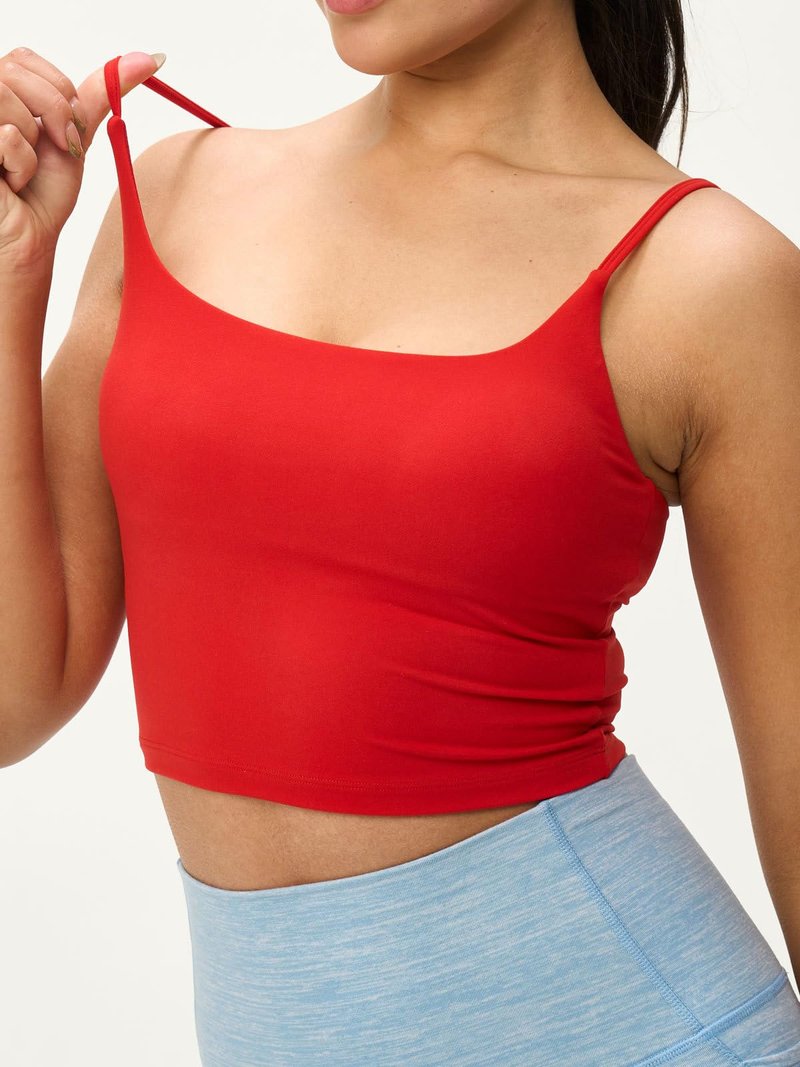Omwilddo Womens Scoop Neck Longline Padded Sports Bra Adjustable Strappy Butter Workout Crop Tank Top,Light Compression Red S