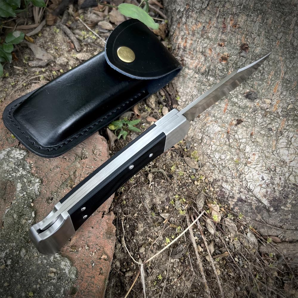 TrailTough 8.54'' Portable Lockback Manual Opening Folding Knife，3.3'' D2 Steel Blade，G10 Handle with Black Leather Sheath，EDC Pocket Knife for Men Women,Sharp Camping Fishing Hiking Knives