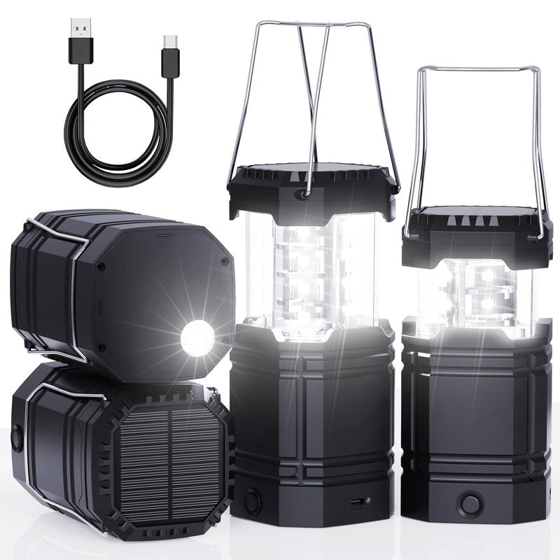 4 Pack Rechargeable Emergency Lanterns for Power Outages, USB-C & Solar Backup, Lantern Flashlight Combo, 1600mAh, 30H Runtime, Compact Hanging Lights for Camping Tent