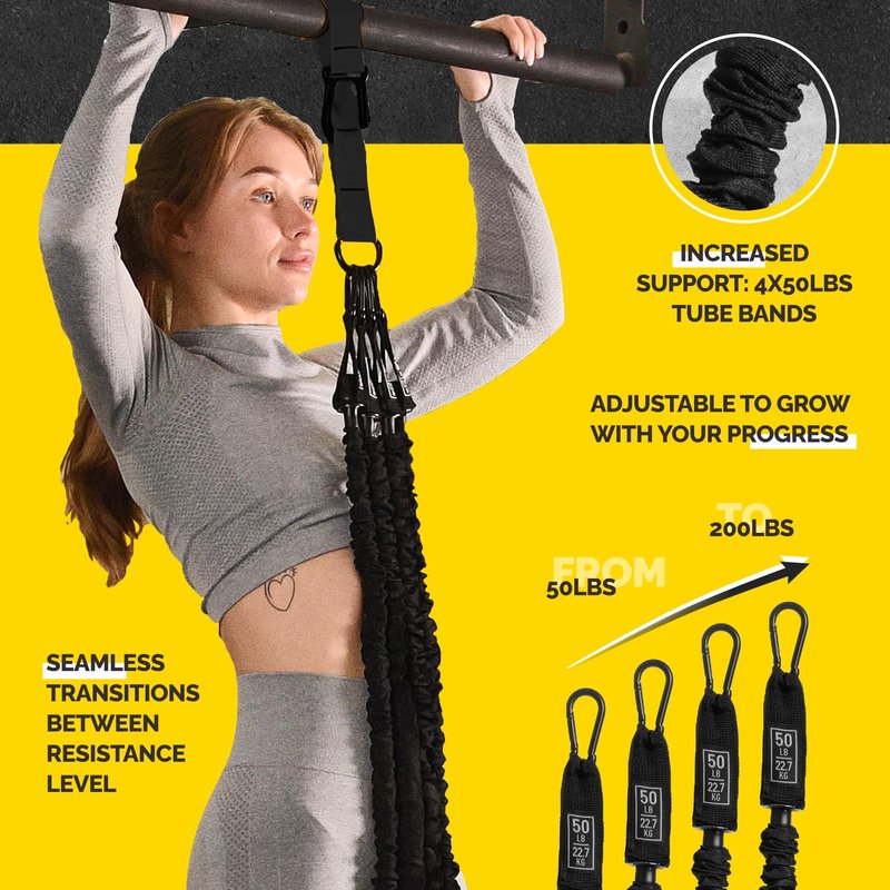 Pull Up Assistance Bands Set - 4 Heavy-Duty Pull Up Bands, Height Adjustable Strap & Comfortable Foot Strap - Stackable Pull Up Resistance Bands for Pull Ups (Military Green)