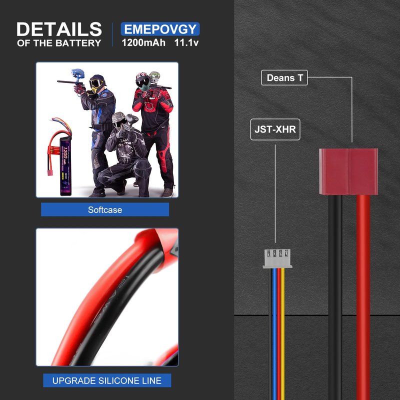 EMEPOVGY 3S Lipo Airsoft Battery 11.1V 1200mAh 20C Rechargeable Lithium Polymer Battery Pack with T Plug for Airsoft Guns Rifle - 2096