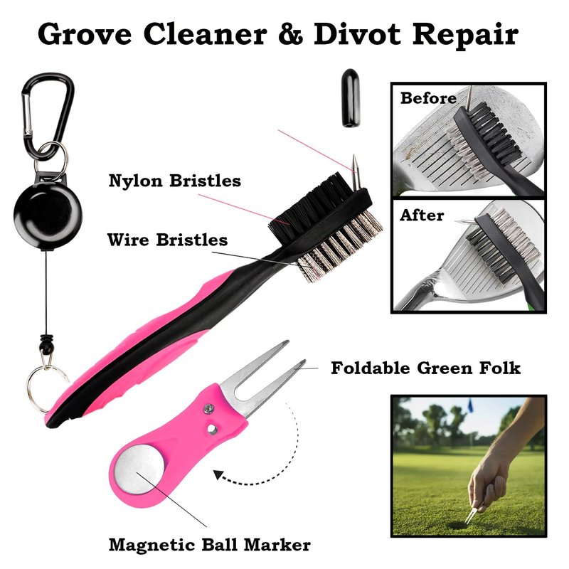 Glamrce Golf Accessories Kit 20 PCS Pink Golf Gift Set - Golf Towel, Ball Marker, Pins, Golf Club Cleaner, Pink Golf Balls w/Holder, Ball Alignment Kit, Divot Repair, Plastic Tees, All Pink Kit