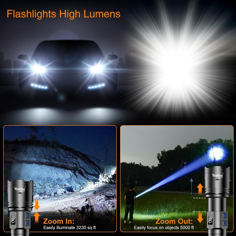 Relybo Rechargeable Flashlights High Lumens, LED Flashlight 100000 Lumens, Super Bright High Powered Flashlights, Long Rang 5000 FT, 2 Switch, Powerful Flashlights for Home Emergency Camping