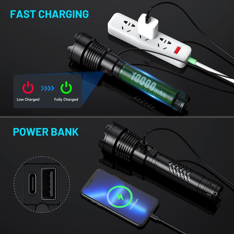 Grentay Rechargeable LED Flashlights 3600,000 High Lumens, Super Bright Flashlight with Input and Output Functions, Tactical Flashlight for Camping Home Emergencies (Large, Piece, 1)