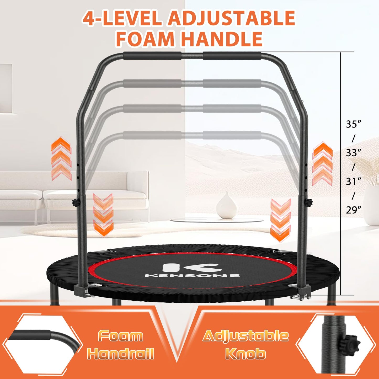 K KENSONE 40” Mini Flodable Spring Rebounder Trampoline for Adults with Adjustable Bar, Small Exercise Trampoline for Indoor Workout and Fitness, Purple Resistance Band Included, Max Load 330 LBS