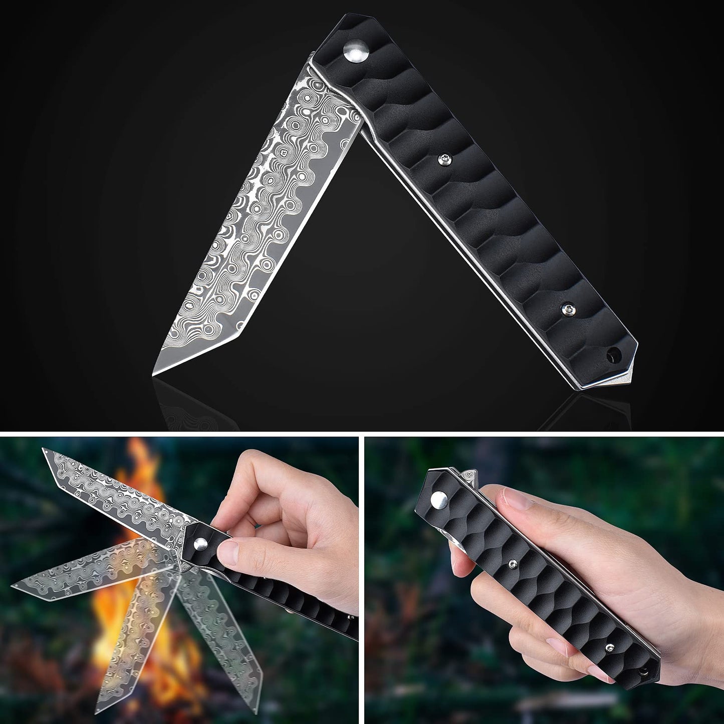 AUBEY Damascus Pocket Knife with Clip for Men Women- Tanto Blade Damascus Steel Folding Knives with Ball Bearing, Aluminum Non-Slip Handle and Glass Breaker, EDC Damascus Knife for Camping & Gift (Black)