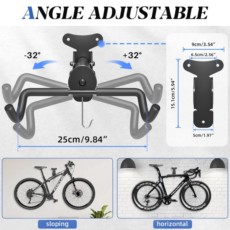 Goovilla Bike Wall Mount Hanger Adjustable - Space Saving Horizontal Bicycle Rack for Mountain/Road/Hybrid Bikes | Secure Home Garage Storage with Easy Installation | 1-Pack Cycling Holder Hook,Black