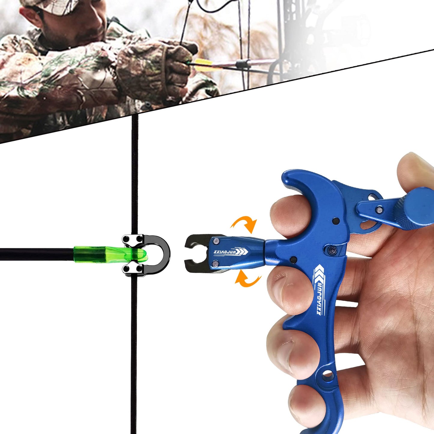 xxiaojun Compound Bow Aid Releaser and D Loop Rope，Adjustable Can Rotate 360° Thumb Release Bow Aluminum Alloy Aids，Archery Release Aids (4 Fingers - Bow Release -Blue)