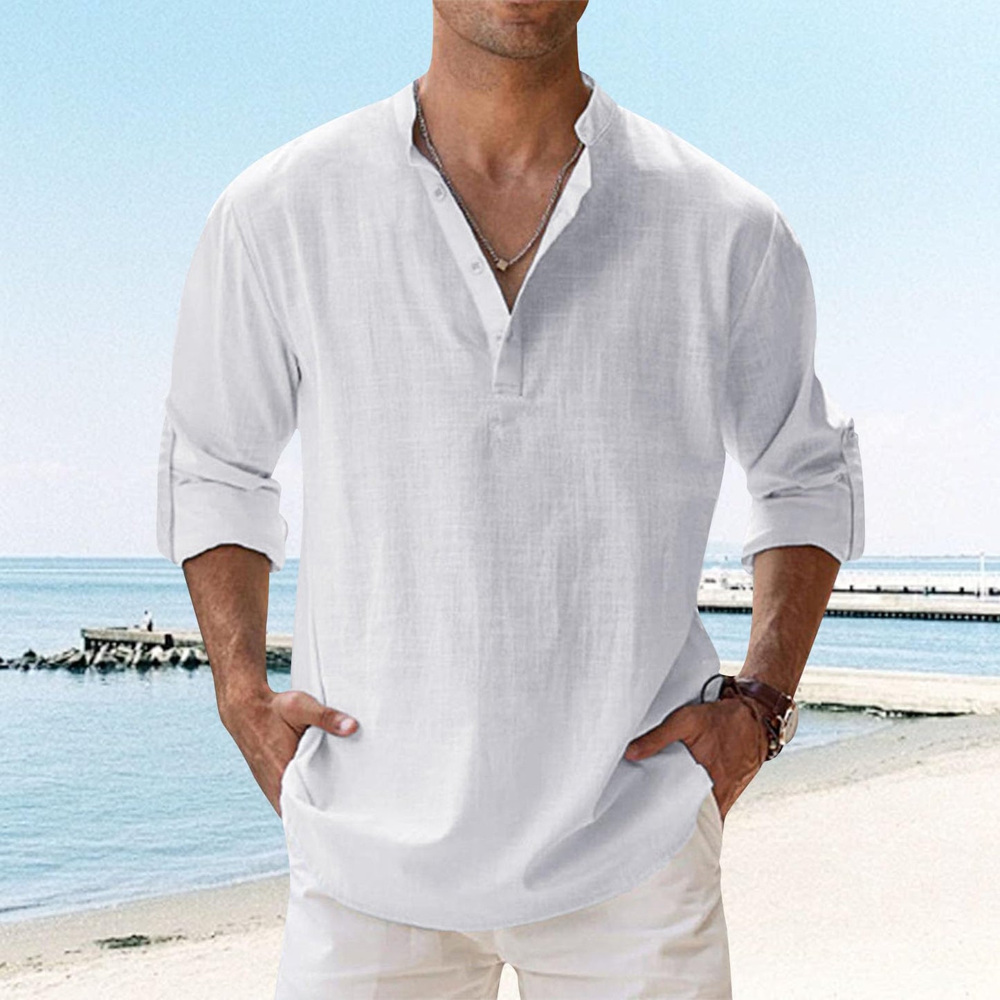Button Down Shirt Men Hippie Casual Beach Business Cotton Linen Long Sleeve Casual Oversized Summer Tops White S