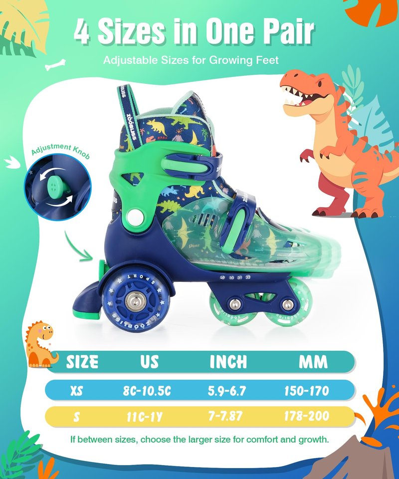Kids Roller Skates for Beginners - ZOOBLISS Toddler Roller Skates for Boys Ages 3-7 with Light-Up Wheels & 4 Adjustable Sizes, Tri-Wheel Training Skates for Kids (Dino Blue)