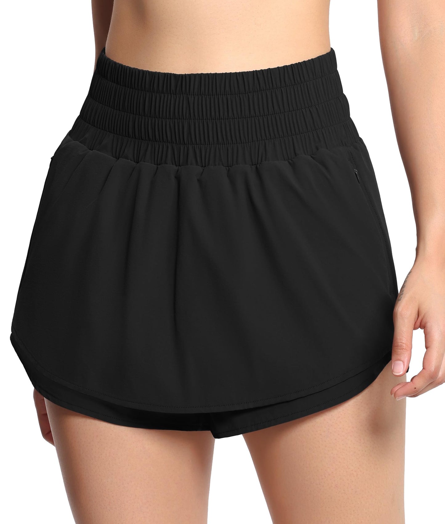 THE GYM PEOPLE Women's Athletic Shorts Elastic Waisted Quick Dry Ruffle Tennis Workout Skorts with Mesh Liner Zip Pockets Black