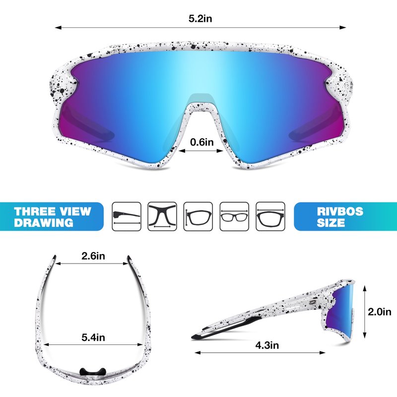 RIVBOS Youth Baseball Sunglasses for Kids(Boys&Girls) Polarized UV Protection Cycling Glasses BlackWhile InkDot Frame IceBlue Lens RYS007