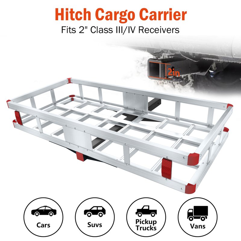 Aluminum Hitch Cargo Carrier, 49.21" x 22.36" x 7.09" Trailer Hitch Cargo Carrier Hitchs Mount Cargos Hitchs Carriers Basket, 500lbs Capacity, Fit 2" Receiver for Suvs Trucks Vans Pickups Camping