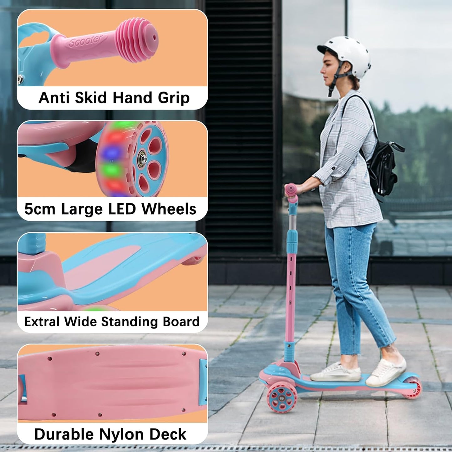 3 Wheels Kick Scooter for Kids & Teens - Extra Wide Deck, 4 Adjustable Heights | Foldable Handlebar, LED Flashing Lights
