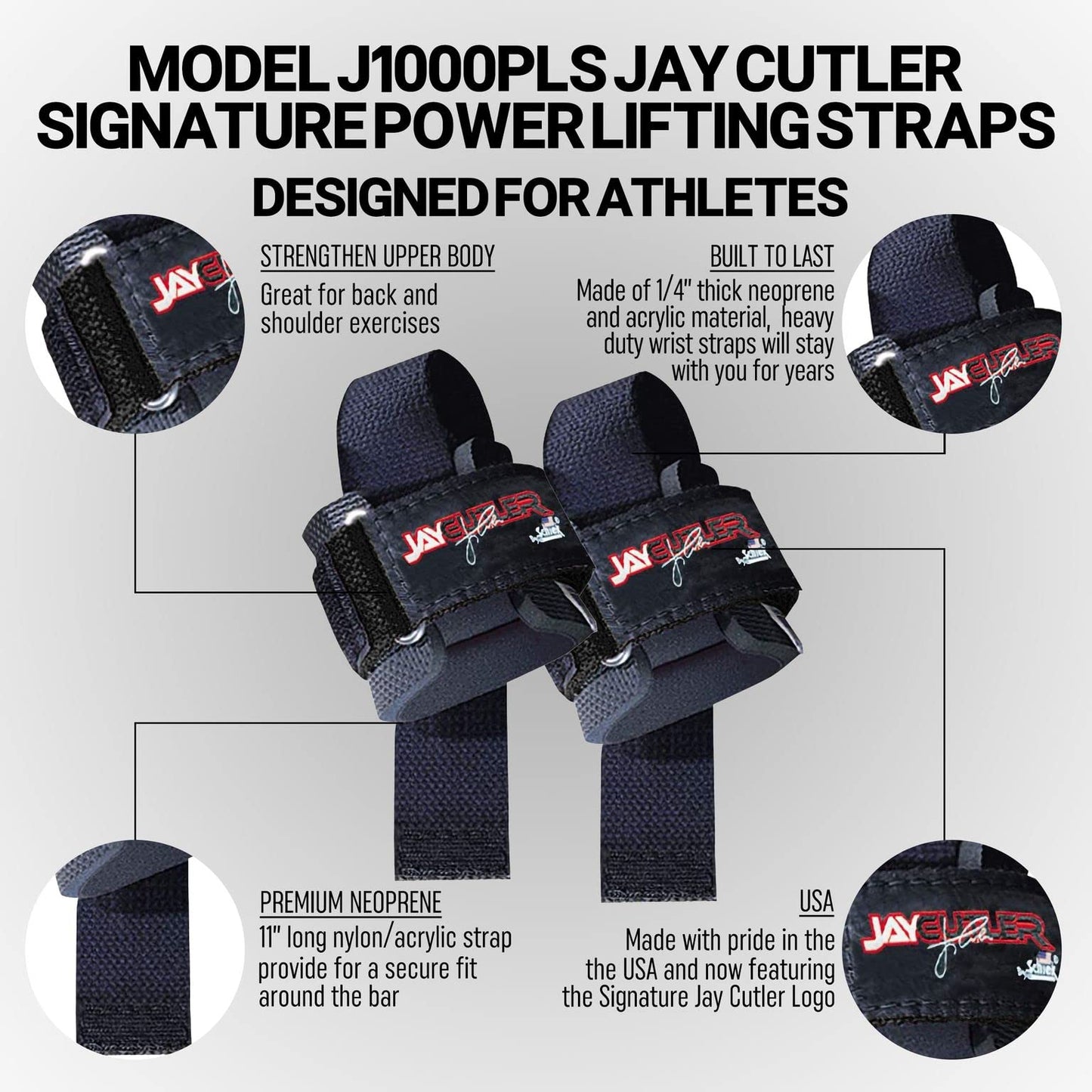 Schiek Sports Model J1000PLS Jay Cutler Signature Power Lifting Straps - Black