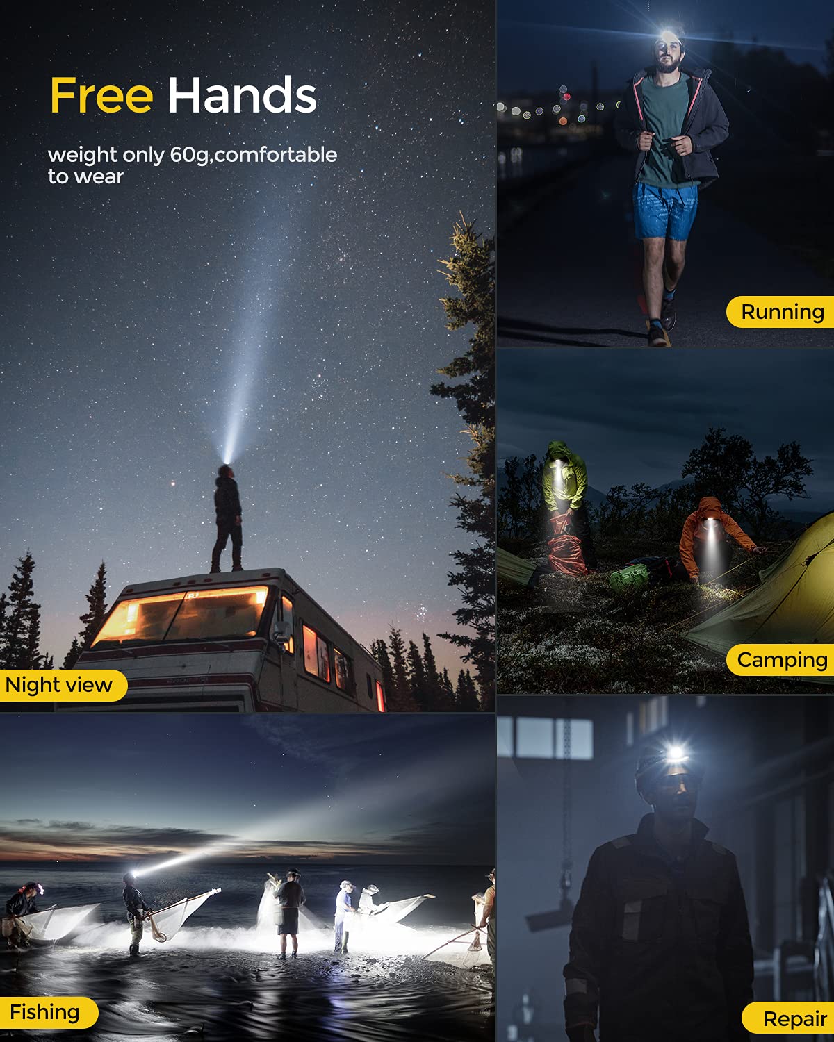 CUGHYS Headlamp Flashlight, USB Rechargeable Led Head Lamp, IPX4 Waterproof T004 Headlight with 4 Modes and Adjustable Headband, Perfect for Camping, Hiking, Outdoors, Hunting（One PCS