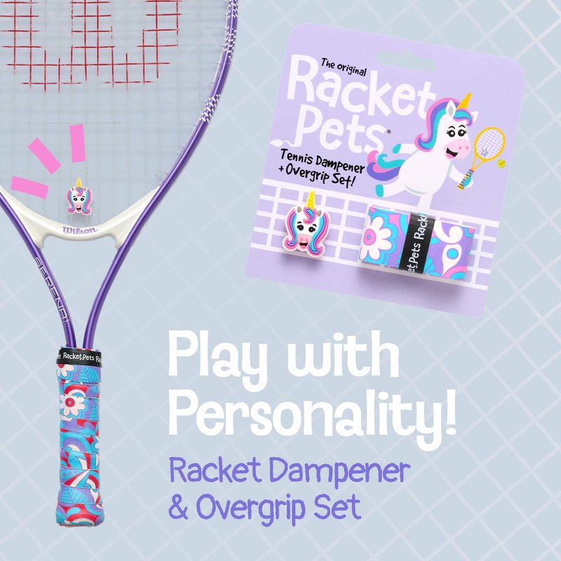 Racket Pets Kids Tennis Racket Dampener & Matching Overgrip Tape, Performance Shock Absorbing Dampener for Tennis Racket & Fun Animal Print Tennis Wrap Grip Tape (Unicorn)