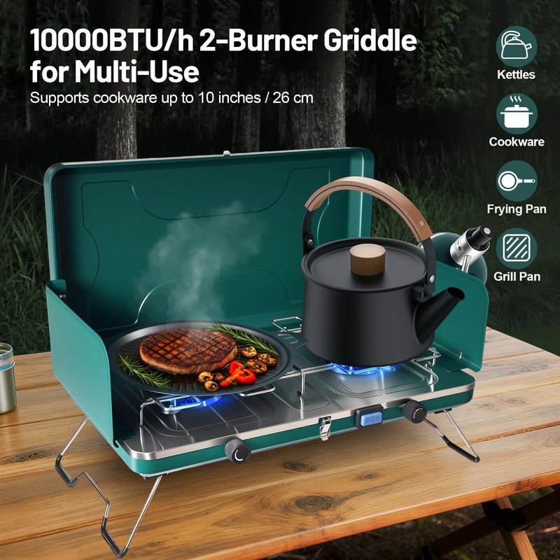 GOSPOWOR 2-Burner Propane Stove, Portable Camping Cooktop with 2 Adjustable Burner and Wind Guards, 20000BTU Camping Stove with Ignition & Griddle for Camping,Tailgating, BBQ, Grilling,Outdoor Gear