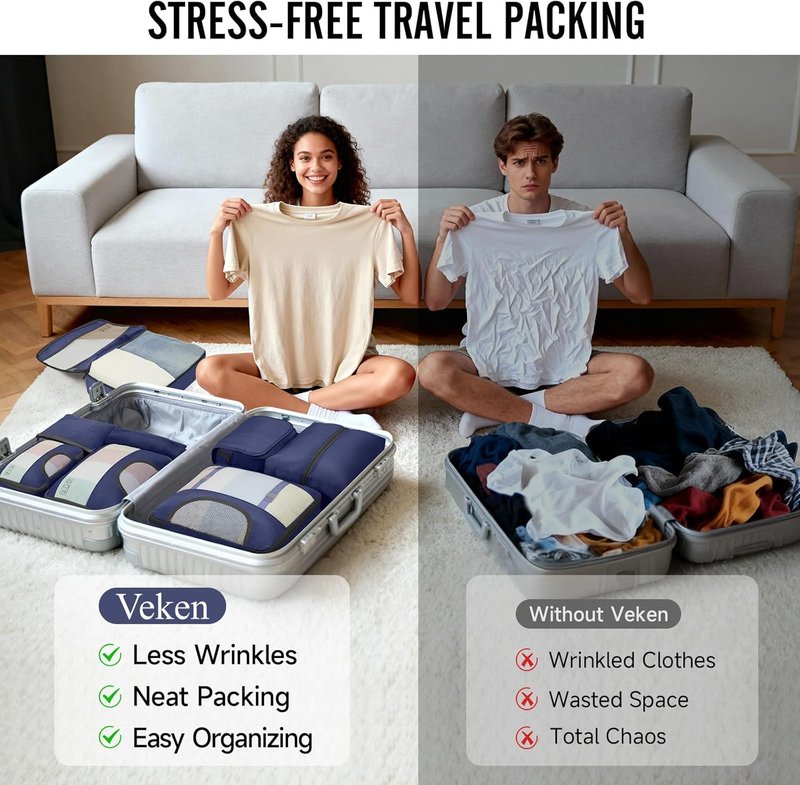 Veken Packing Cubes for Travel | 10-Piece Suitcase Organizer Set with Laundry & Shoe Bag - 4 Sizes for Airplane & Road Trip