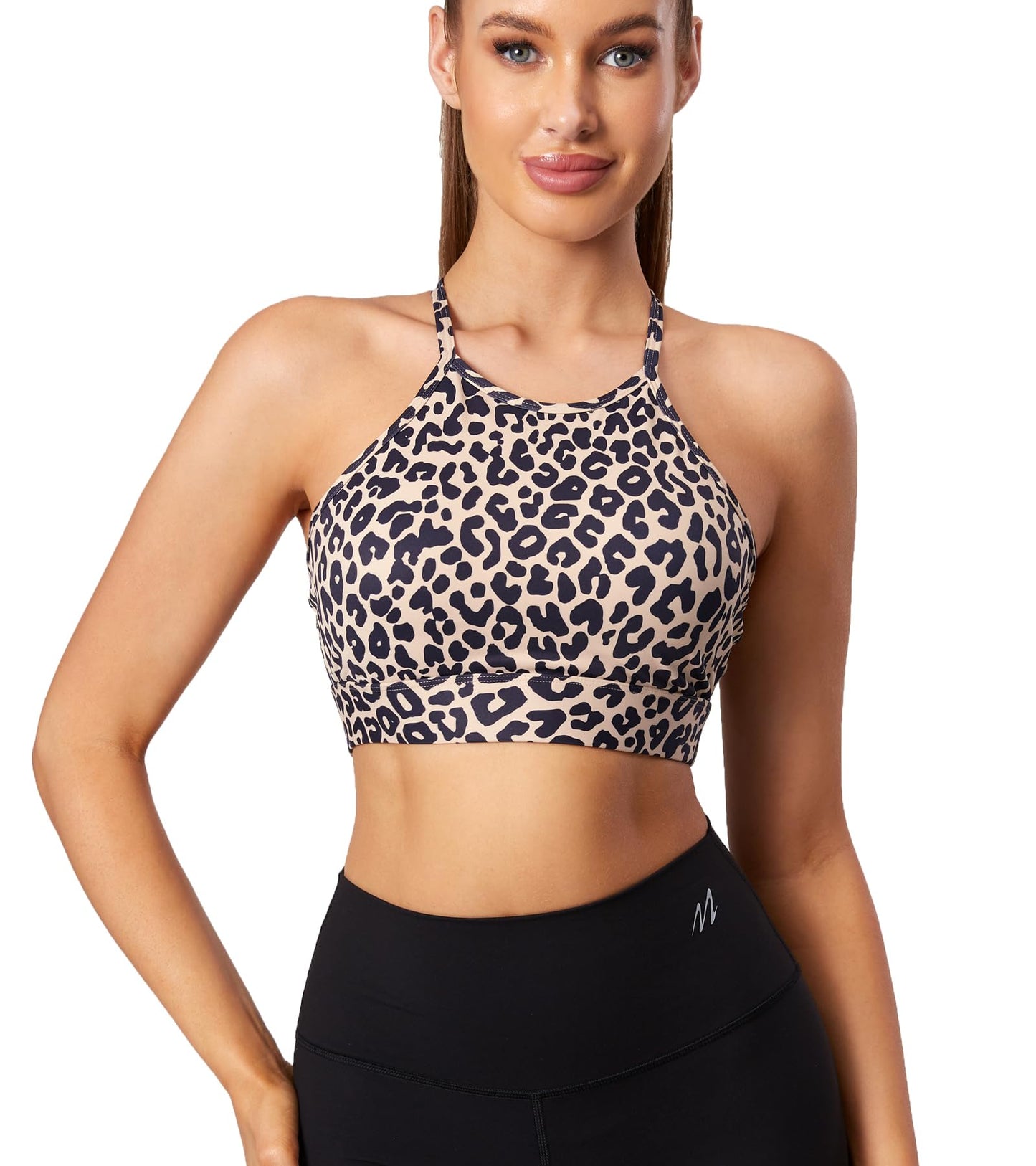 Mustcan Women's High Neck Spaghetti Strap Halter Sports Bra Racerback Y Back Yoga Bra Fitness Workout Crop Tank Bra-Brown Leopard