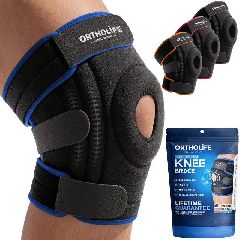 ORTHOLIFE Knee Brace for Women and Men – Knee Compression Sleeve for Meniscus Tear, ACL, Arthritis Pain Relief, Patella Pad & Side Stabilizers – Please Check How To Size Video (Blue, Large)