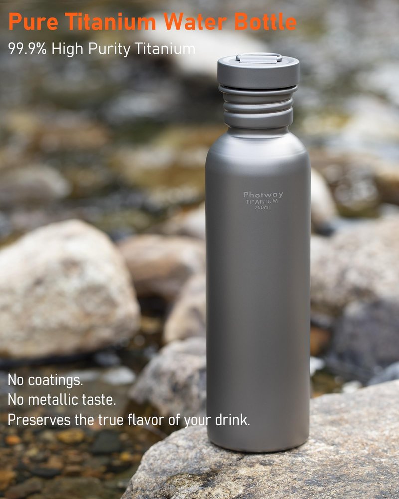 photway 25oz Titanium Water Bottle, Ultralight Single Wall Titanium Flask for Boiling Water, Leakproof Sports Bottle for Camping, Hiking, Cycling & Outdoor Use