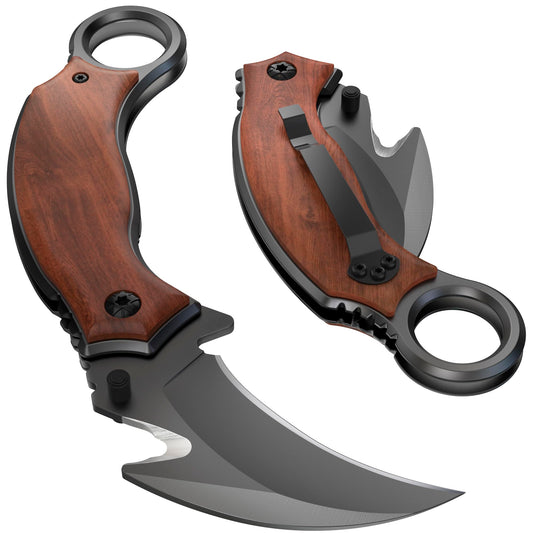 Pocket Knife - Best Karambit Knife with Wood Handle Clip - 440C Steel Sharp Raptor Claw Blade - Cool Folding Knives for Camping Hiking EDC Survival - Gift Idea for Birthday - Fathers Day Dad Gift X-52