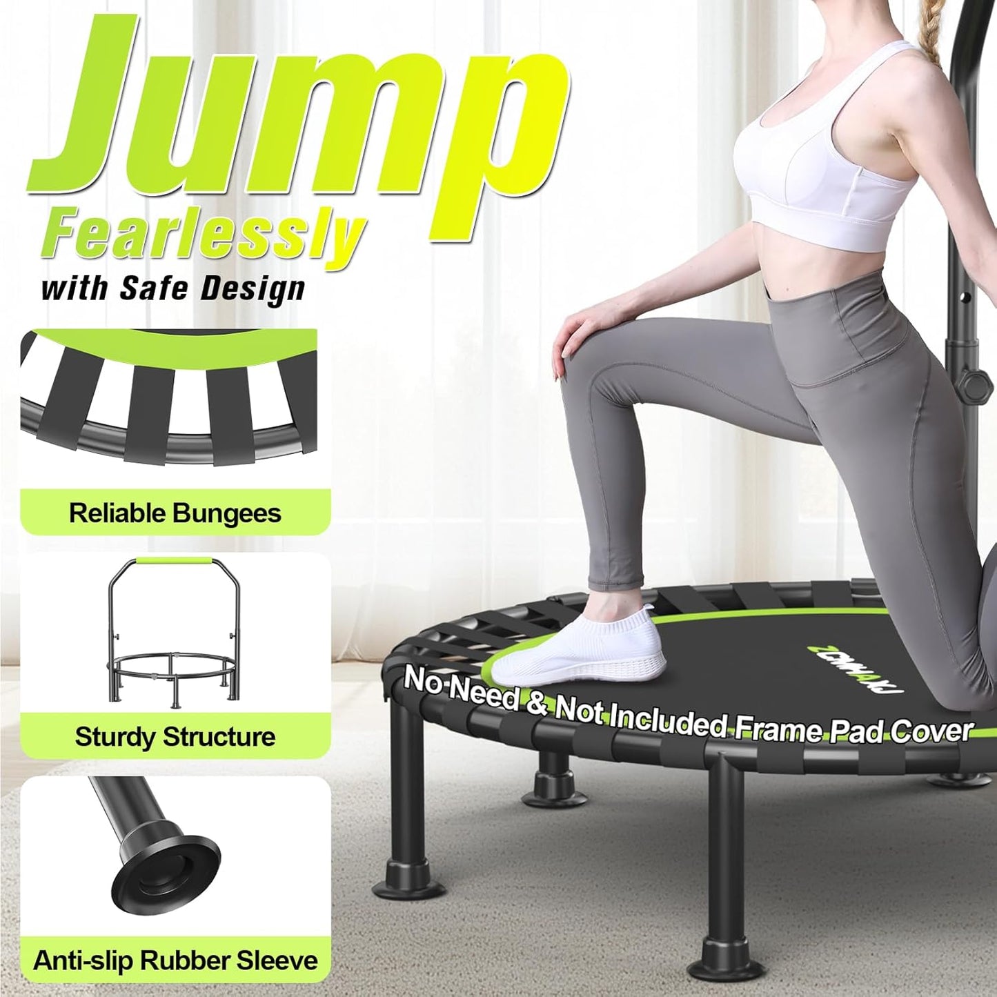 Foldable Mini Trampoline - 40"/48" Rebounder for Adults & Kids | 450lbs Capacity with Adjustable Bar for Indoor Fitness