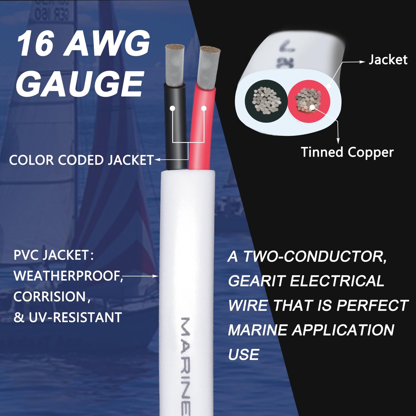 16 Gauge Duplex Marine Wire Tinned Copper Boat Cable, 50ft 16 AWG Standard USA OFC Oxygen Free Copper Wire for Outdoors/Automotive/Boat/Speakers/Solar/RV/Camper/Trailer