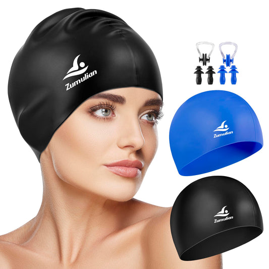 Silicone Swim Cap for Men &Women,3D Ergonomic Design Swimming Caps with Ear Plug and Nose Clip Suit for Long Hair