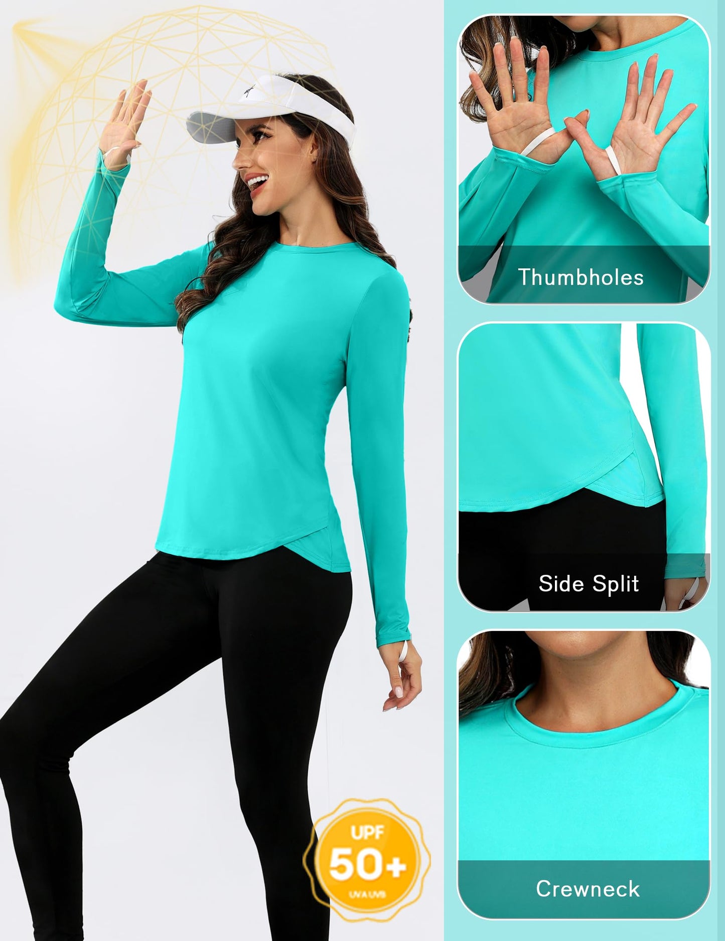 PINSPARK Women Sun Shirts Long Sleeve UPF 50+ Workout Tops with Thumbholes Moisture Wicking Hiking Top 2024, Turquoise XL