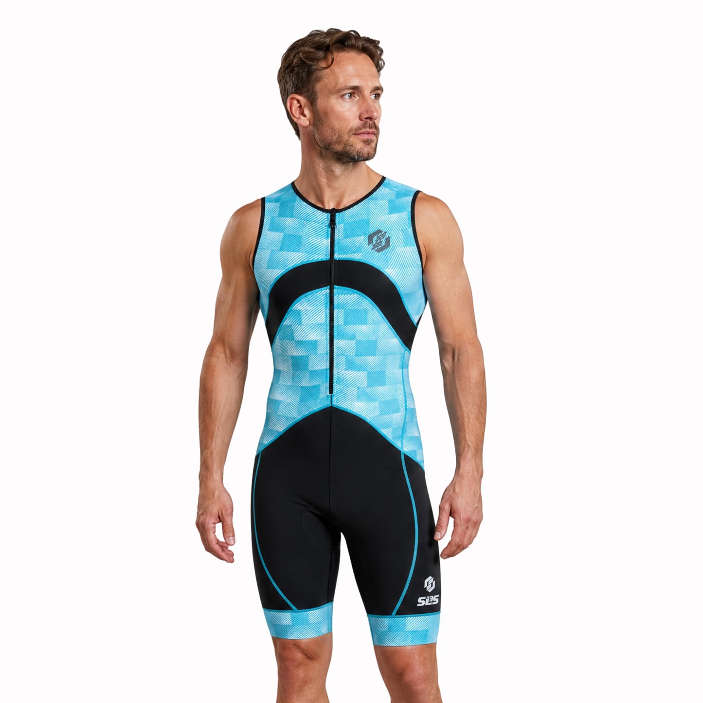 SLS3 Triathlon Suits Mens - Premium Trisuit Triathlon Men - Sleeveless, Quick Drying Tri Kit with Large Back Pocket (Blue Fractal, Medium)