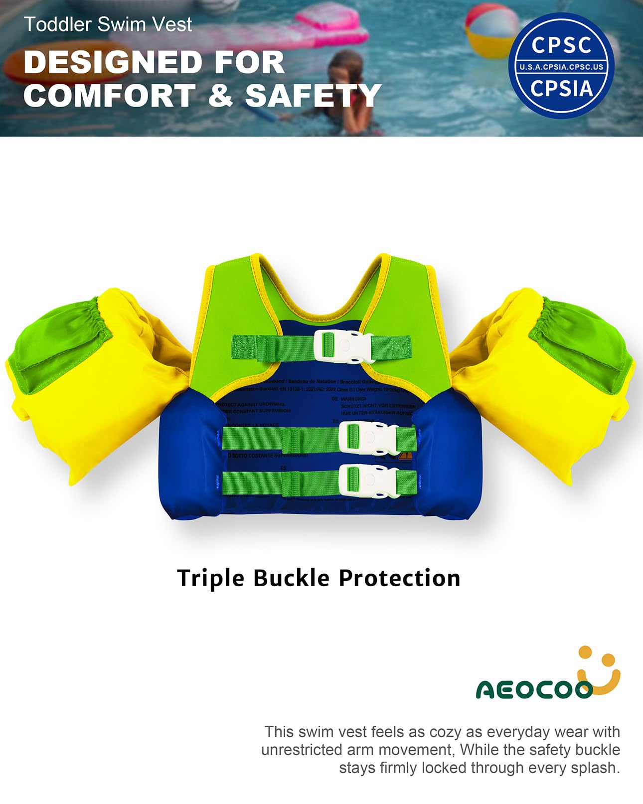 AEOCOO Puddle Float Jumper 30-50-60-66 Pounds, Toddler Swim Vest for 2-3-5-7 Years Old, Pool Floats with Swimming Arm Floaties Swim Jacket for Kids Swimmies, Boys, Girls, Niños, Crocodile
