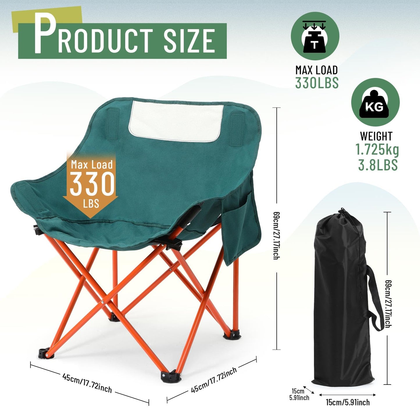 Seeloowy 2 Pack Compact Camping Chair Portable Folding Chairs for Outside with Carry Bag Lightweight Moon Chairs for Travel Picnic Hiking Beach Fishing, 600D Oxford, Supports 330lbs (Green, Black)