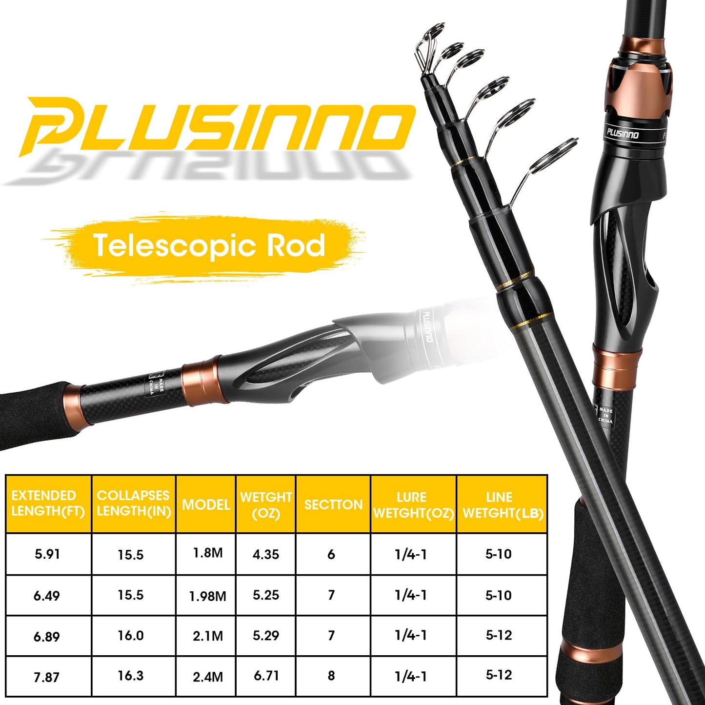 PLUSINNO Fishing Rod and Reel Combos, Bronze Warrior Toray IM6 Carbon Matrix Telescopic Fishing Rod Pole, 12 +1 Shielded Bearings Stainless Steel BB Spinning Reel, Travel Freshwater Fishing Gear