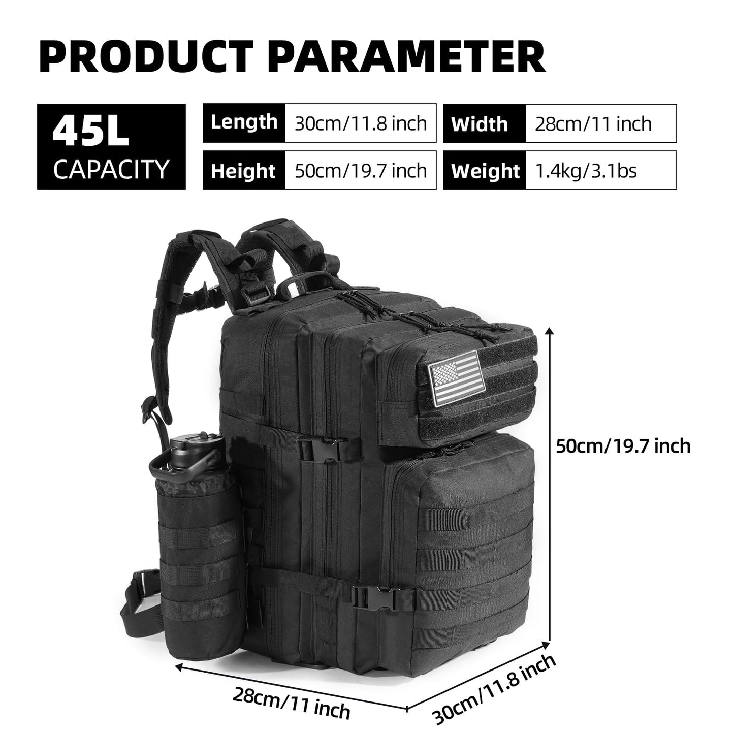 Jugbey Military Tactical Backpack for Men 45L Large Waterproof Army 3 Days Assault Pack Molle Bag Backpacks for Trekking,Camping,Hunting,Hiking (Black)
