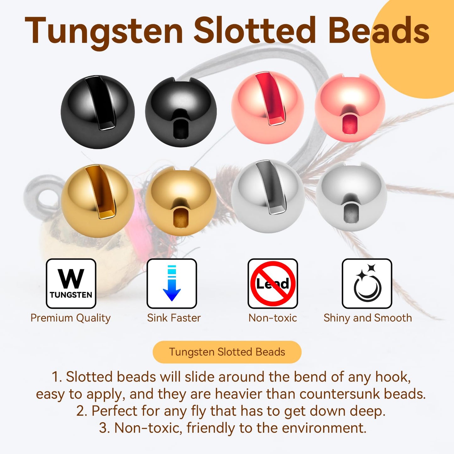Gainfite 200pcs Fly Tying Tungsten Beads Slotted Nymph Head Ball (3.3mm, 4 Colors) for Fly Tying Materials, Fishing Accessories, Nymph Fishing