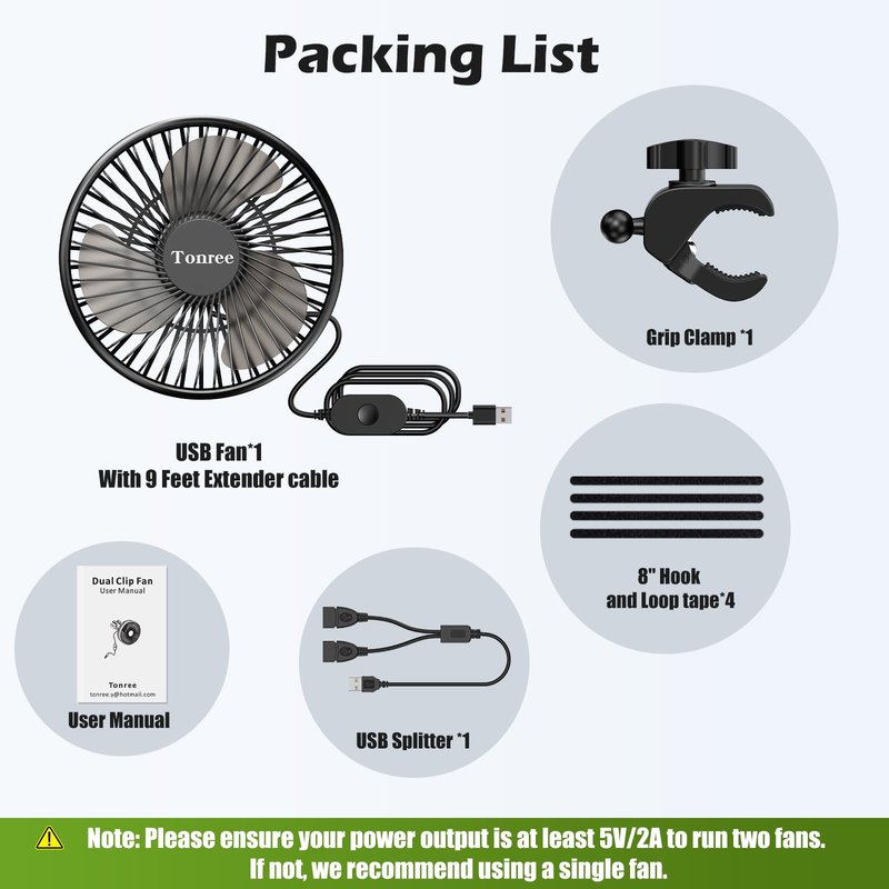 Tonree Golf Cart Fan, Portable USB Clip Fan for EZGO, Club Car, Yamaha, 3700rpm Hi-velocity and Low Noise, 3 Speed, 360° tilt, 10sec Quick Mount, Waterproof, for Travel Camping Outdoor Car Home RV