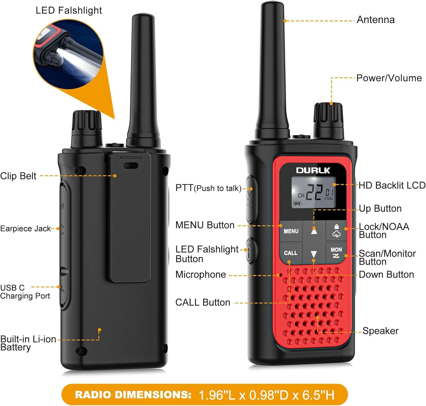 Rechargeable Walkie Talkies - Long Range 3 Pack for Adults | NOAA Weather Alert, 22 FRS Channels, 1800mAh Battery, USB-C Charger