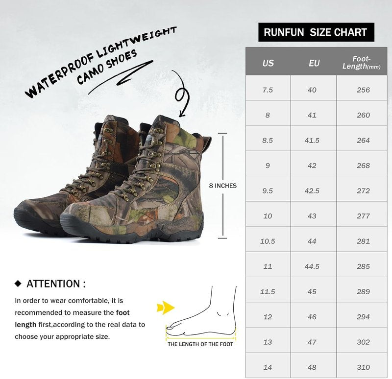 Waterproof Men's 8" Camo Hunting Boots - Lightweight Insulated Hiking Boots with 200g Thinsulate