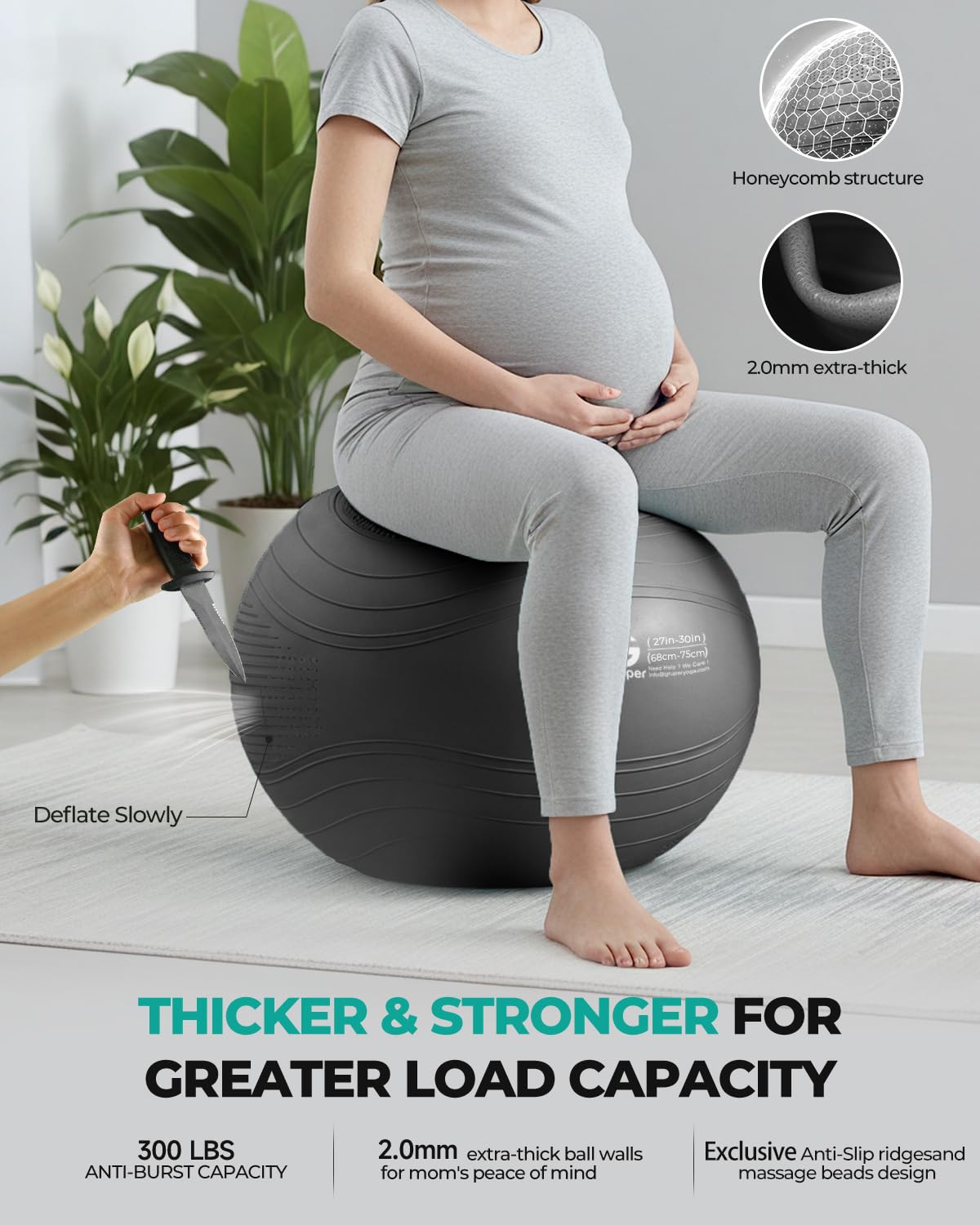 Gruper Yoga Ball, Extra Thick Exercise Ball for Workout Pregnancy Stability - 4 Sizes Anti Burst Balance Ball for Yoga, Pilates, Fitness, Birthing, Physical Therapy - Includes Pump