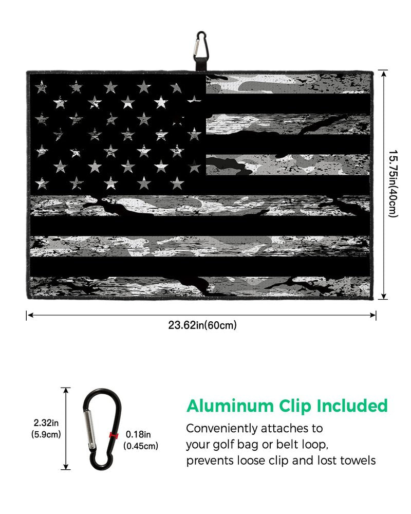 American Flag Golf Towels 24x16in, Decorative Cloth Towel, Absorbent Quick Dry Microfiber Golf Towel Sports Towel 24"x16", Clip On Golf Towel with Carabiner, Independence Day Black Camouflage Flag