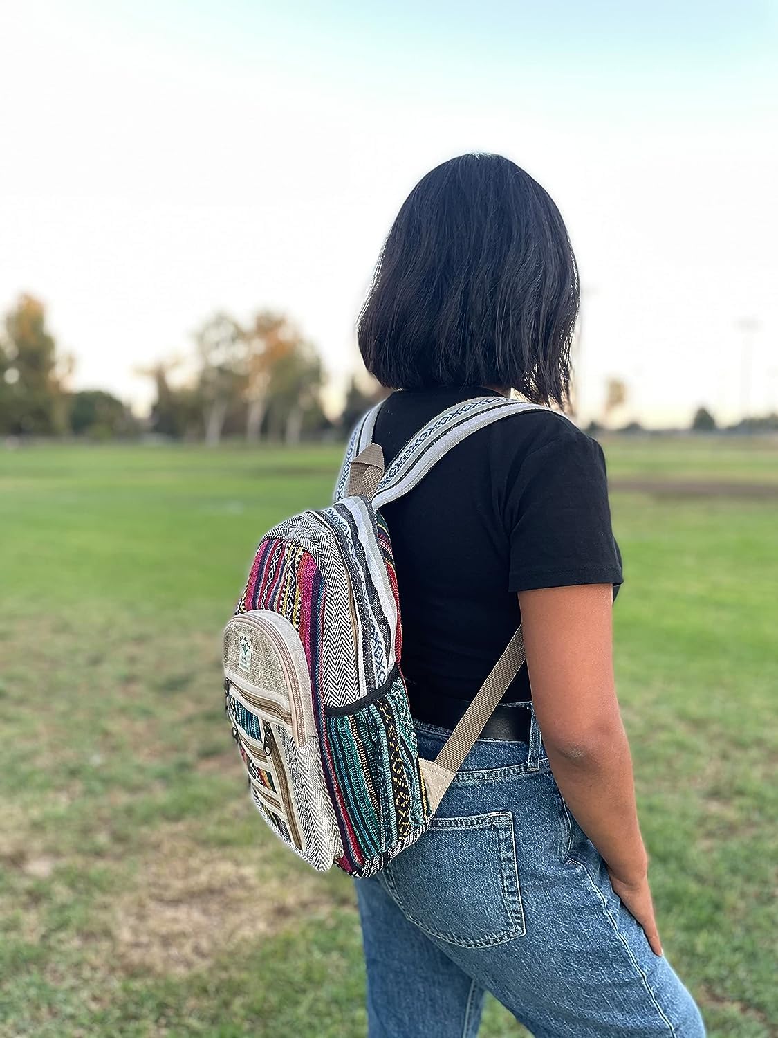 AUNERCART Small Hemp Backpack Traveling Backpack Cotton Stripe Nepali Backpack Himalayan Backpack Small 13" x 11" x 5" Bag