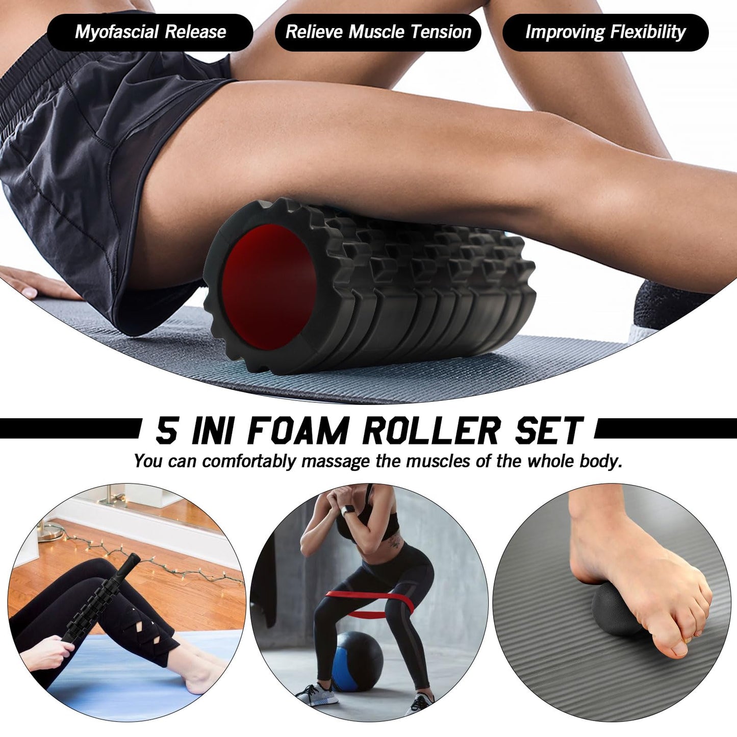 JOYENERGY 5 in 1 Foam Roller Set Trigger Point Foam Roller Patented, Massage Roller Stick, Massage Ball, Stretching Strap for Deep Muscle Massage Pilates Yoga, Fitness Exercise for Whole Body (Purple)