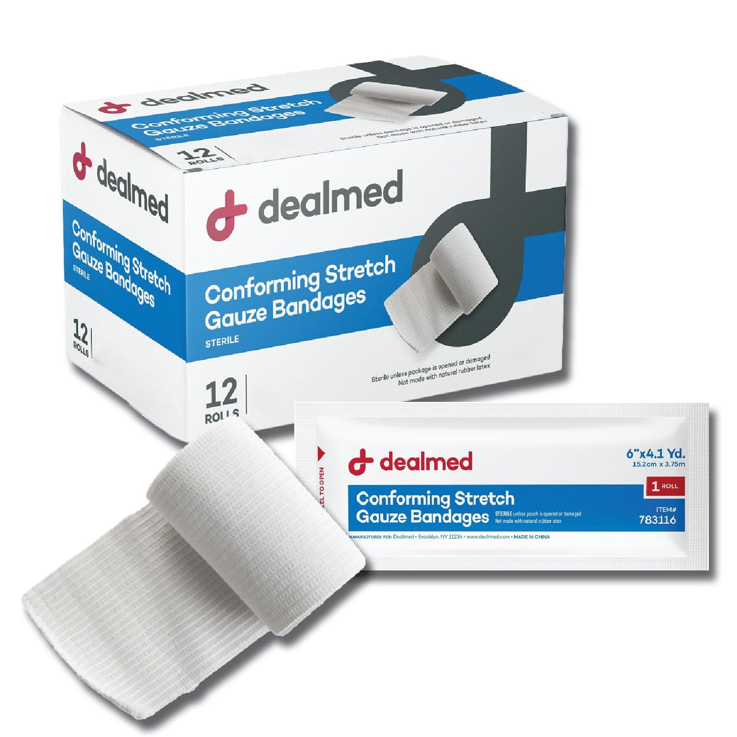 Dealmed 2" Sterile Conforming Stretch Gauze Bandages, 4.1 Yards Latex Free Stretched Dressing Wrap, Medical Non-Adherent Wound Care Mesh Bandages (Case of 96 Rolls)