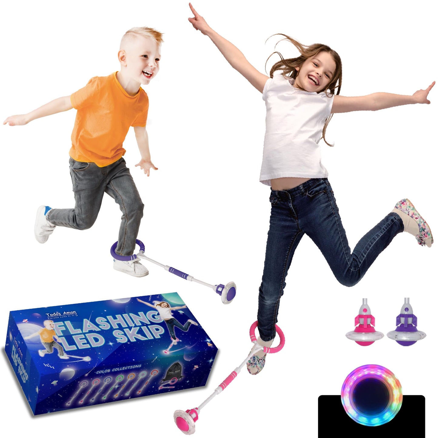 Todos Aman Rocket Flashing LED Ankle Skip-It Fun Cool Jumping Gift for Ages 5 6 7 8 9 10+ Kids & Adults Family Exercise Fitness Coordination Balance Extra Energy Burning (2-Pack, Pink & Purple)