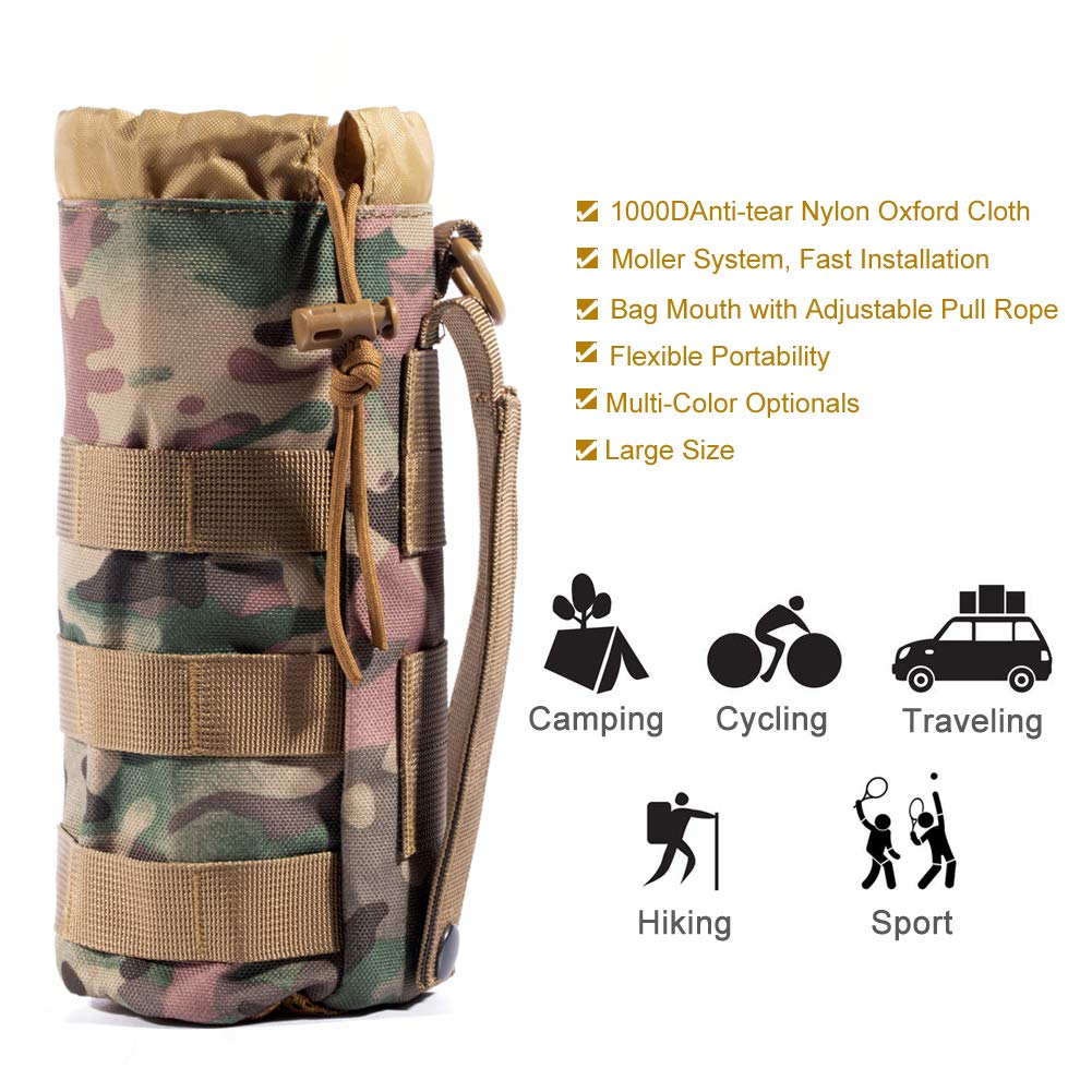 Upgraded Sports Water Bottles Pouch Bag, Tactical Drawstring Molle Water Bottle Holder Tactical Pouches, Travel Mesh Water Bottle Bag Tactical Hydration Carrier (CP-2Pack)