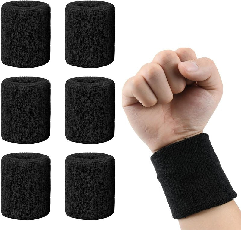 6 Pack Breathable Cotton Sweatbands for Men & Women | Athletic Wristbands for Running, Basketball, Football - Black