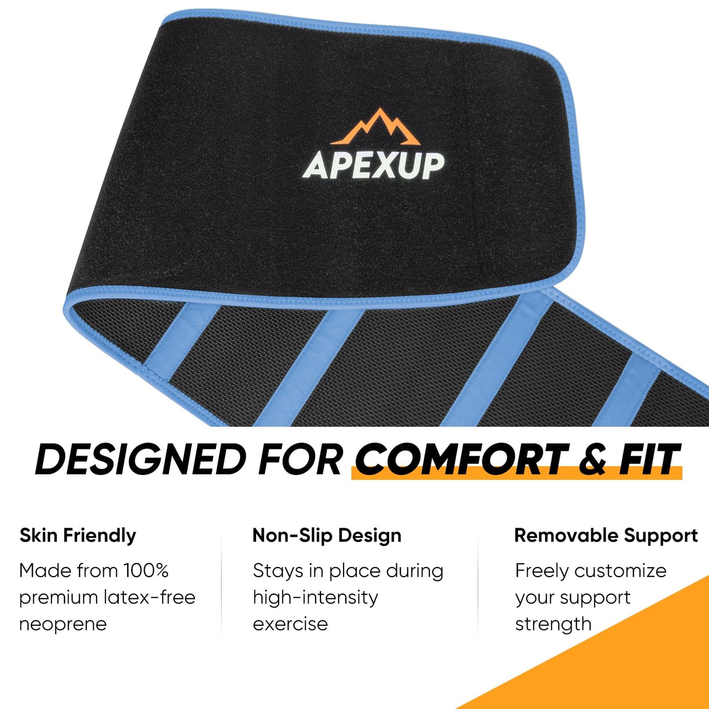 APEXUP Waist Trainer for Women Lower Belly Fat, Men Sweat Band, Stomach Wrap, Waist Trimmer with Removable Lumbar Support (Black/Blue, XL)